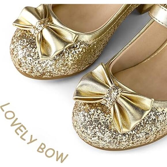K KomForme Big Girls Size 12.5 Gold Glitter Bow Closed Toe 1.5" Mary Jane Shoes - Picture 3 of 8